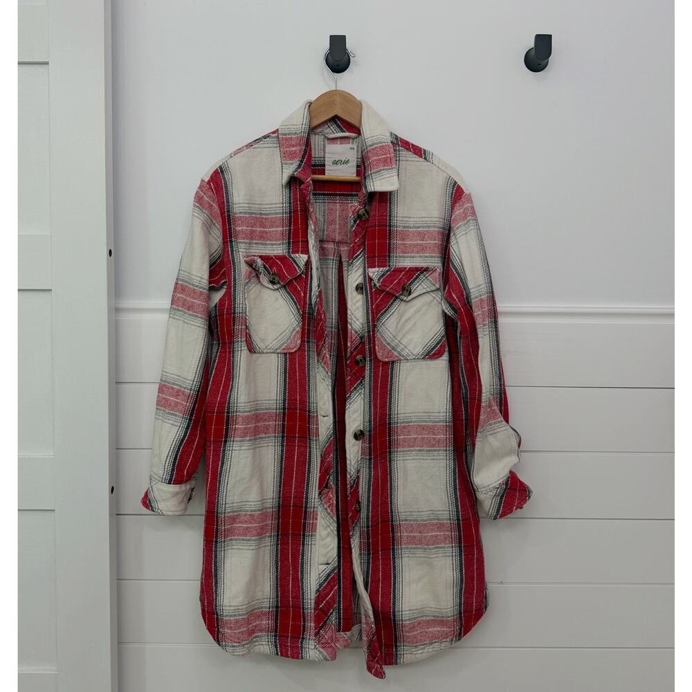 Aerie Oversized Plaid Flannel Shacket Long Red Gray Size M